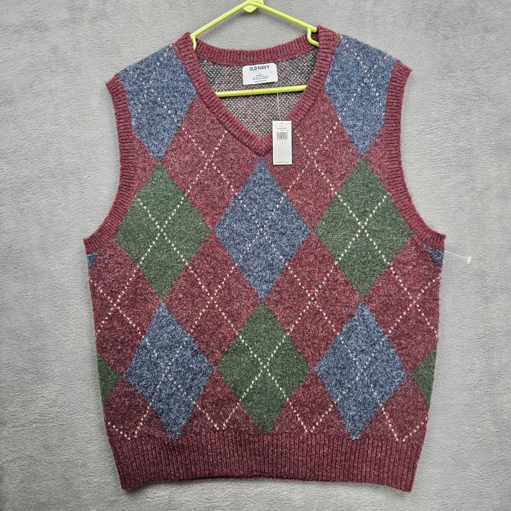 Old Navy Mens Argyle V-Neck Sweater Vest Burgundy Grandpacore S NWT Academia
